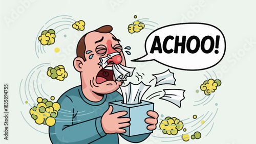 Man sneezing with tissues and pollen around him on a spring day