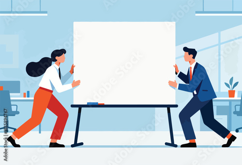 A collaborative illustration shows a woman and man pushing a large whiteboard in an office setting