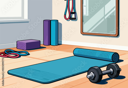 Gym interior, featuring a mat, dumbbells, resistance bands, yoga blocks, rollers, and wall mirror, creating a workout space