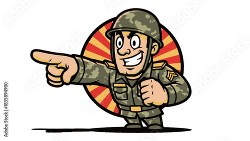 Cartoon soldier with a confident grin pointing towards something, ready.
