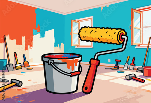 A room illustration with paint tools, fresh wall colors, a paint bucket, roller, and brushes scattered around