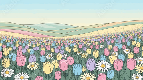 A wide panoramic view of a vibrant spring flower field with pastel tulips and daisies under a soft blue sky and rolling hills.