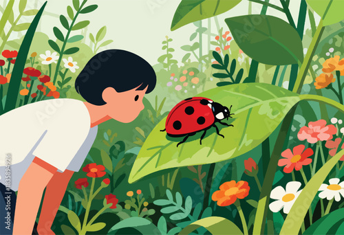 A child gazes at a ladybug on a leaf in a vibrant garden, surrounded by flowers and lush greenery