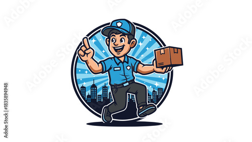 A cheerful delivery person holding a package, pointing upwards, running.