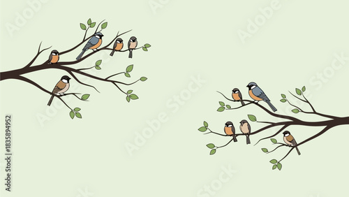 Two branches with small birds perched on them, set against a light green background.