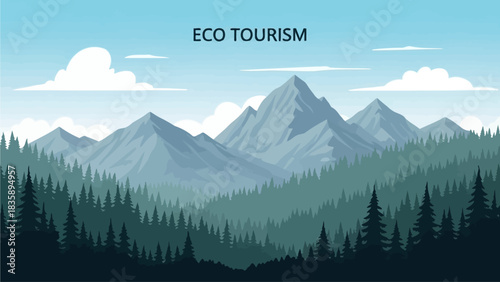 A scenic illustration of majestic mountains covered in evergreen trees under a clear blue sky with fluffy clouds, representing eco-tourism.