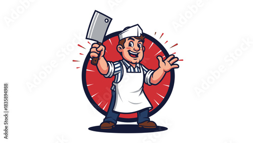 Cartoon butcher character smiling, holding a cleaver with a red circular background.