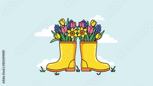Two yellow rain boots filled with colorful spring flowers like tulips, daffodils, and hyacinths, standing on grass under a blue sky.
