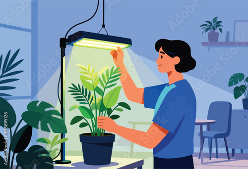 Illustration of a person tending to an indoor plant under a grow light, bathed in soft lighting