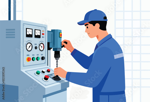 An illustrative depiction of a factory worker operating a drill press with a control panel and meters
