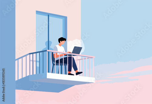 A person uses a laptop on a balcony, with sky. Balcony has a railing and a door. Pastel colors