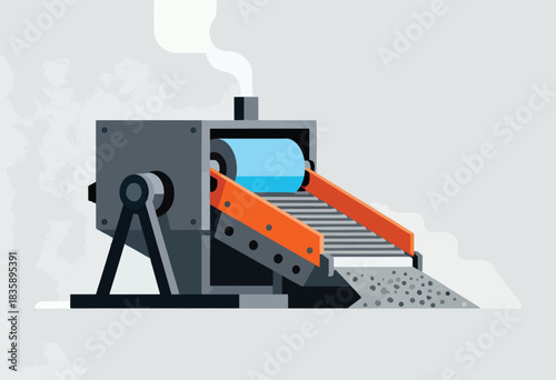 A stylized illustration of a industrial machine with a conveyor belt, roller, and smoke