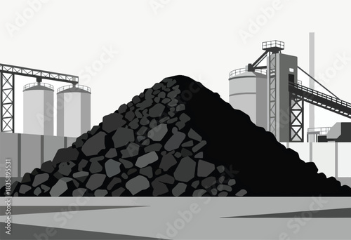 Monochrome illustration of a coal pile dominating the scene with industrial structures in the background