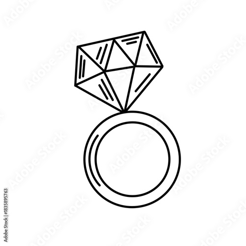 diamond, A simple, black-and-white outline vector illustration of an engagement or wedding ring with a large, faceted diamond. This image symbolizes proposal, marriage, luxury, and commitment.