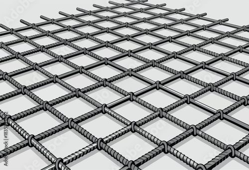 Illustration of a grid made of metallic rods, with a gray background and consistent perspective
