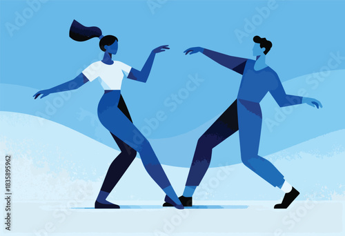 Stylized illustration of a man and woman in shades of blue. They appear to be dancing or interacting