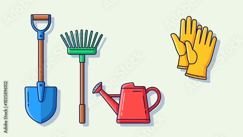 A set of colorful cartoon gardening tools including a shovel, rake, watering can, and gloves.
