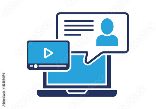 Laptop with video player and user profile chat bubble icon