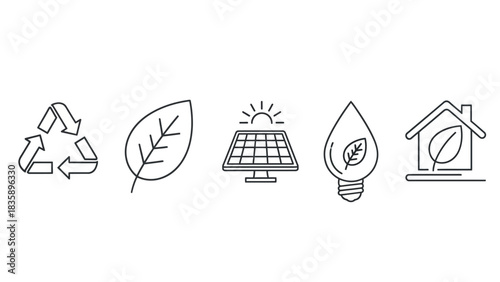 A collection of five line art icons representing environmental sustainability and green energy solutions.