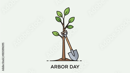 Arbor Day celebration concept with a newly planted sapling and a shovel.