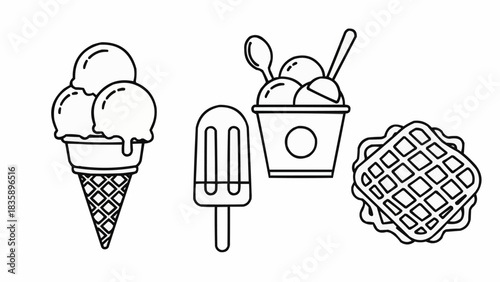 Ice cream treats and waffle dessert illustration in black and white.