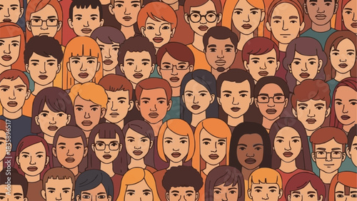 Diverse group of people standing together in a crowd.