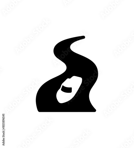 Simple Black Silhouette Kayak Floating On a River Curve Icon