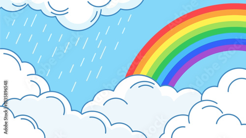 A vibrant rainbow arcs across a bright blue sky with fluffy white clouds and gentle rain.