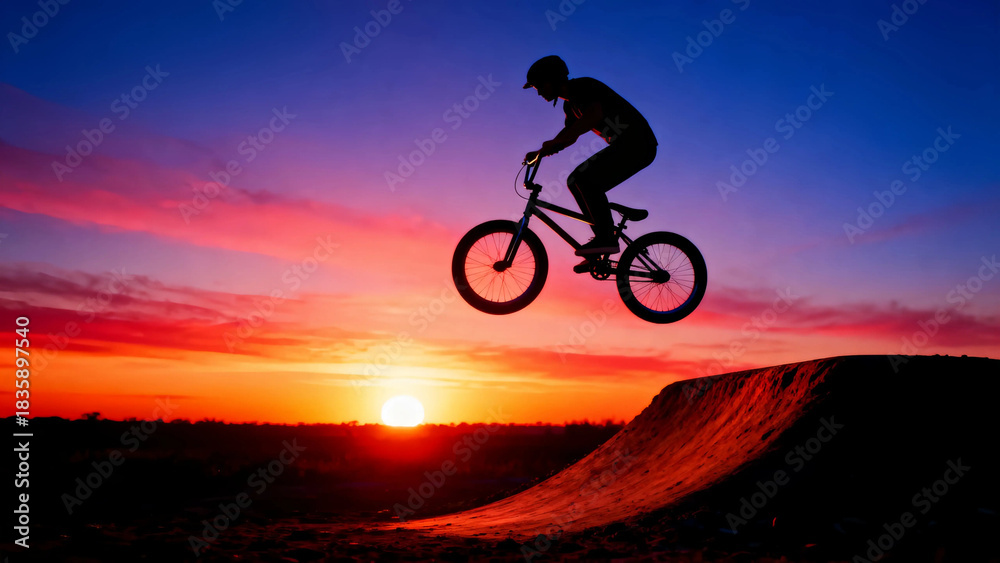 Fototapeta premium Bmx bike rider silhouette sunset jump extreme sport action adventure lifestyle freedom challenge skill trick bicycle dusk sky clouds horizon recreation outdoor nature adrenaline