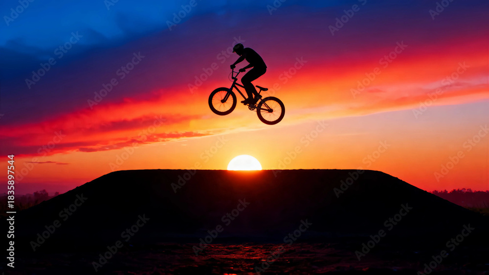 Fototapeta premium Bmx bike sunset silhouette jump extreme sport bicycle rider sky clouds sun adventure freedom challenge lifestyle action energy recreation outdoor nature landscape skill adrenaline