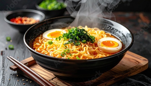 Steaming ramen bowl w/ eggs & greens