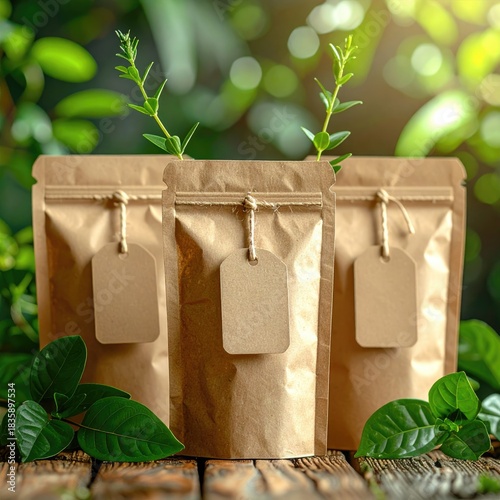 Three brown bags on wood, lush greenery