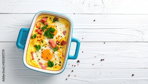 Egg bake in blue dish on white planks