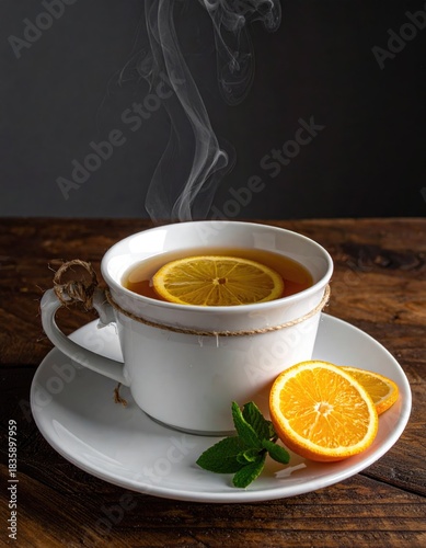 Tea cup with citrus and fresh herbs