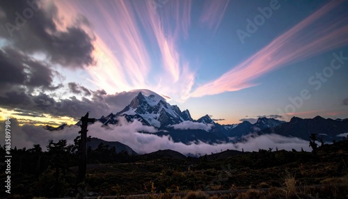 Mountain peak under streaky pink clouds