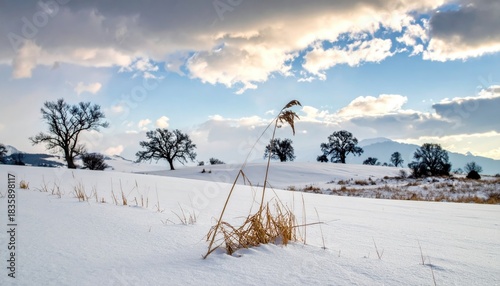 Snowy field w/ trees & cloudy sky