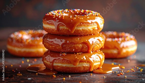 Stack of caramel-glazed, sprinkled donuts