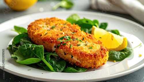 Crusted patty atop spinach with lemon