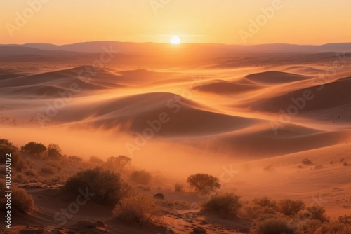 Fototapeta Naklejka Na Ścianę i Meble -  Sunset over vast sand dunes in a desert landscape with warm golden light and scattered shrubs