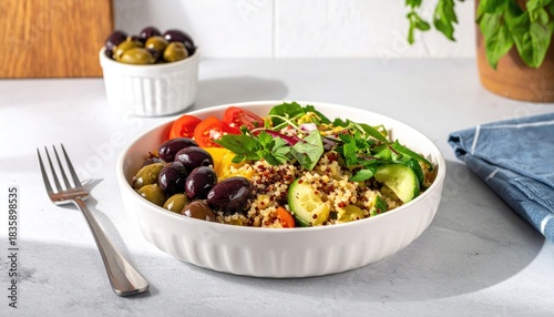 Veggie grain bowl with olives, tomatoes