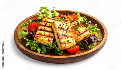 Grilled halloumi on salad plate