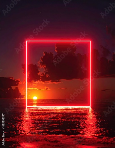 Glowing red square at sunset on water