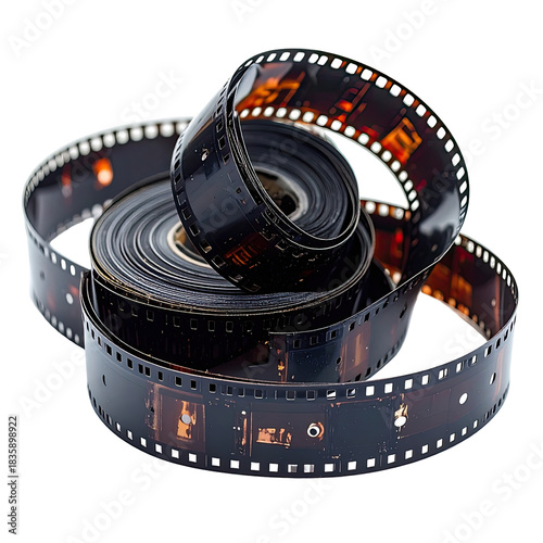 Rolled film strip, dark negatives, sprockets