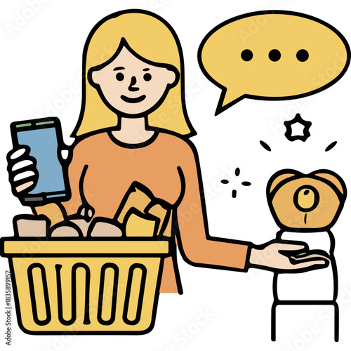 Woman Holding Phone and Shopping Basket with Groceries While Talking to Small Robot Character on Black Background With Speech Bubble and Three Dots