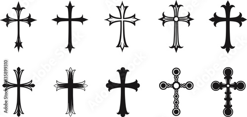Assortment of Decorative Cross Symbols in Black Silhouette on White Background Keywords: cross, christian, religion, faith