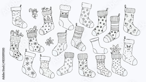 Collection of Christmas Stockings - Festive Holiday Line Art.