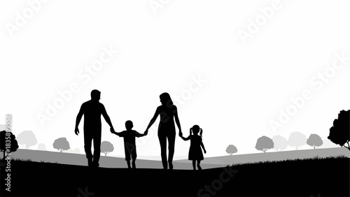 Family silhouette walking together on a path, enjoying quality time outdoors.