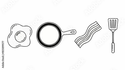 Hand drawn breakfast food set with egg bacon and pan.