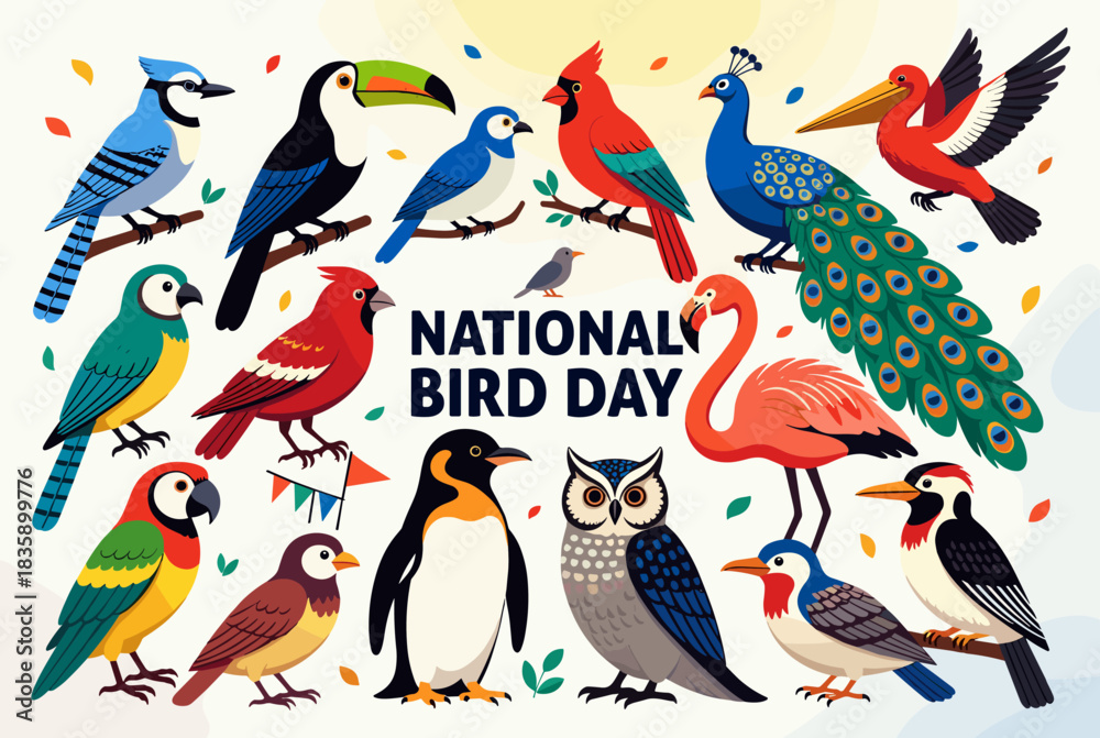 Obraz premium A vibrant illustration celebrating National Bird Day with a diverse collection of colorful birds from different species.