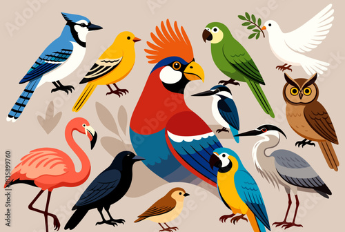 A vibrant collection of diverse bird species including macaws, owls, flamingos, and jays, showcasing various colors and forms.